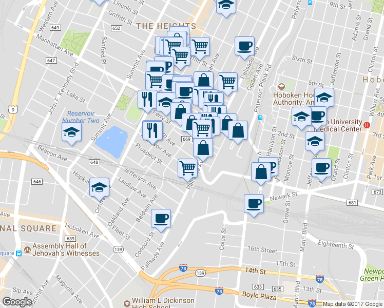 map of restaurants, bars, coffee shops, grocery stores, and more near 31 Ravine Avenue in Jersey City