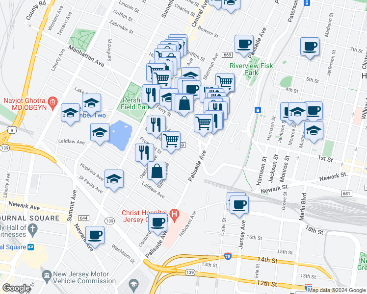 map of restaurants, bars, coffee shops, grocery stores, and more near 31 Ravine Avenue in Jersey City