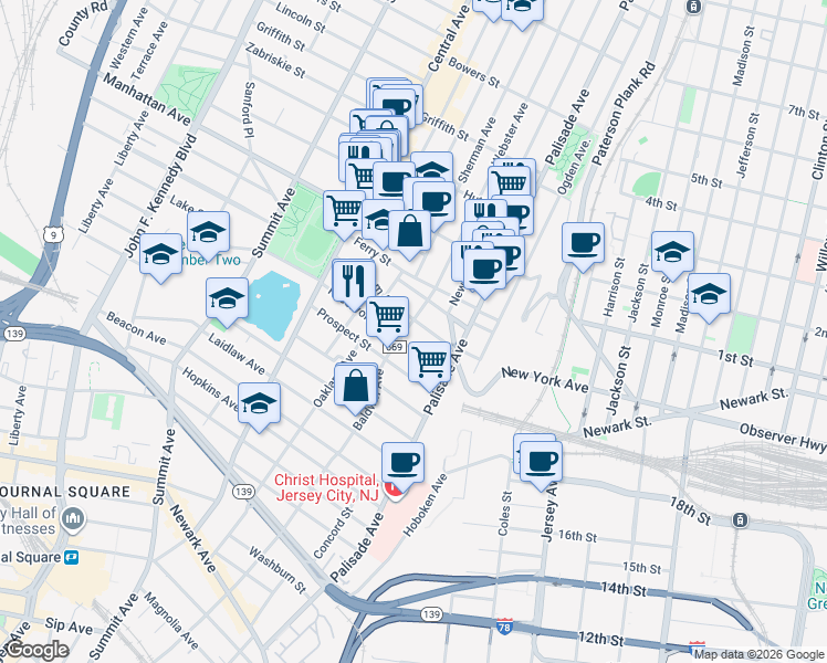 map of restaurants, bars, coffee shops, grocery stores, and more near 31 Ravine Avenue in Jersey City