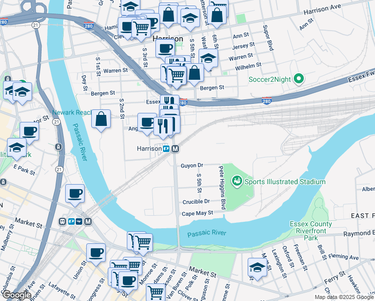 map of restaurants, bars, coffee shops, grocery stores, and more near 1000 Frank E Rodgers Boulevard South in Harrison
