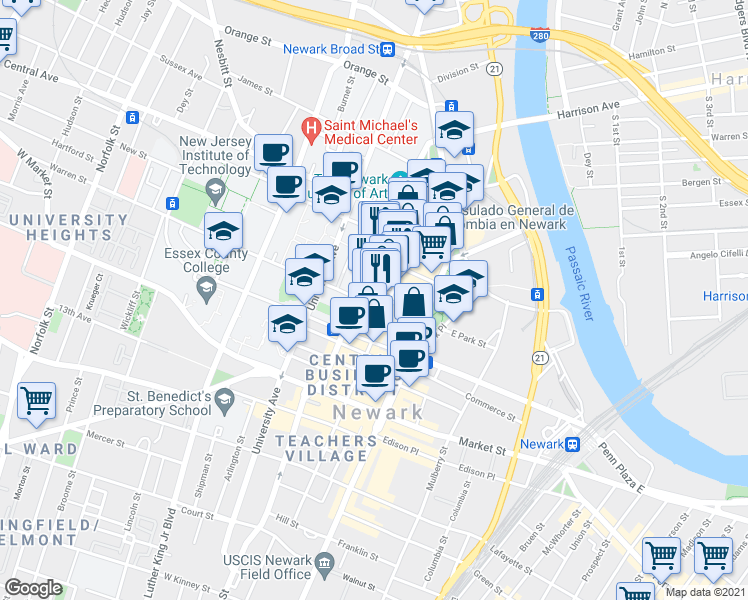 map of restaurants, bars, coffee shops, grocery stores, and more near 71 Halsey Street in Newark
