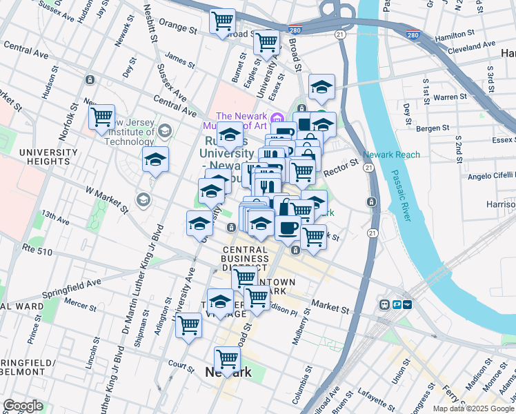 map of restaurants, bars, coffee shops, grocery stores, and more near 71 Halsey Street in Newark