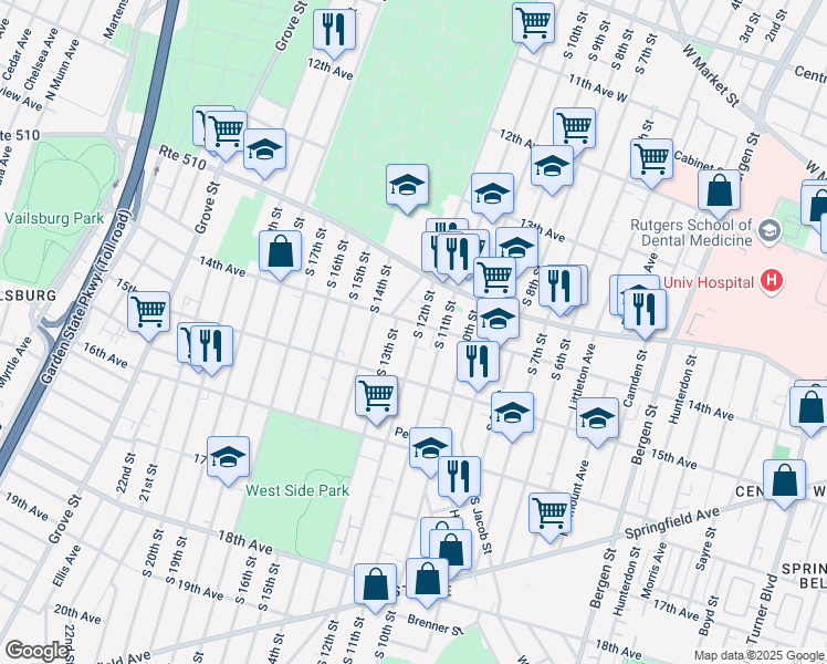 map of restaurants, bars, coffee shops, grocery stores, and more near 28 Ashland Street in Newark
