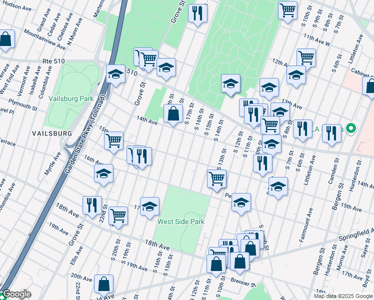 map of restaurants, bars, coffee shops, grocery stores, and more near 458 South 16th Street in Newark