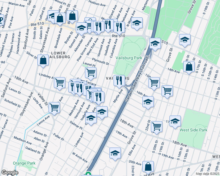 map of restaurants, bars, coffee shops, grocery stores, and more near 153 South Munn Avenue in Newark