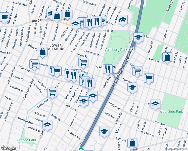 map of restaurants, bars, coffee shops, grocery stores, and more near 150 Isabella Avenue in Newark