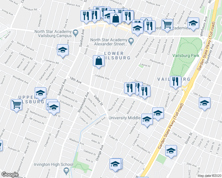 map of restaurants, bars, coffee shops, grocery stores, and more near 78 Lindsley Avenue in Newark