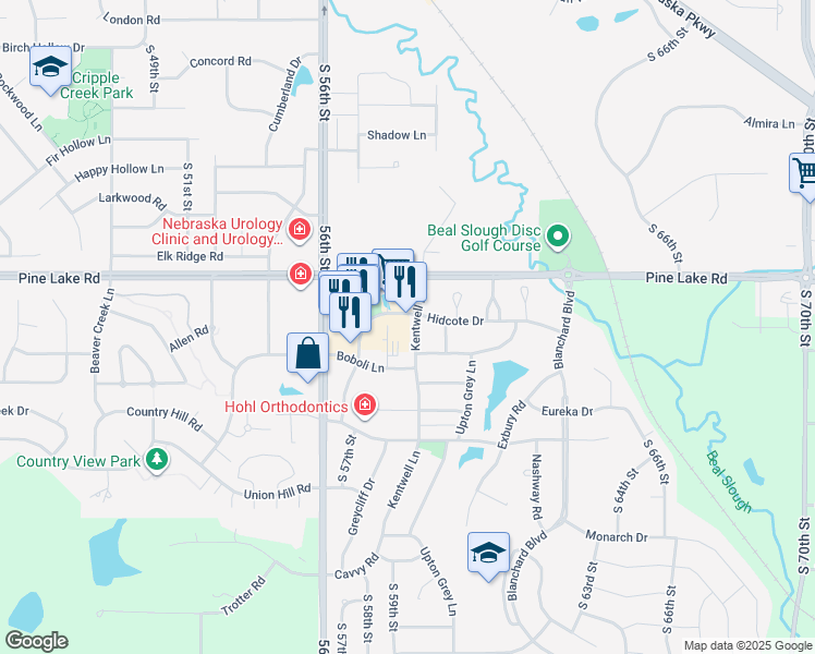 map of restaurants, bars, coffee shops, grocery stores, and more near 7056 Kentwell Lane in Lincoln