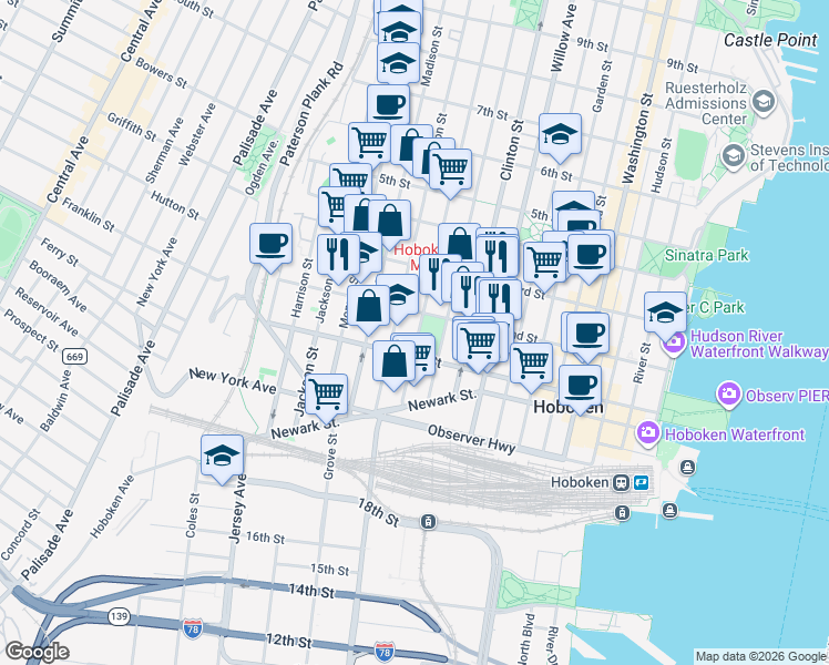 map of restaurants, bars, coffee shops, grocery stores, and more near 450 2nd Street in Hoboken