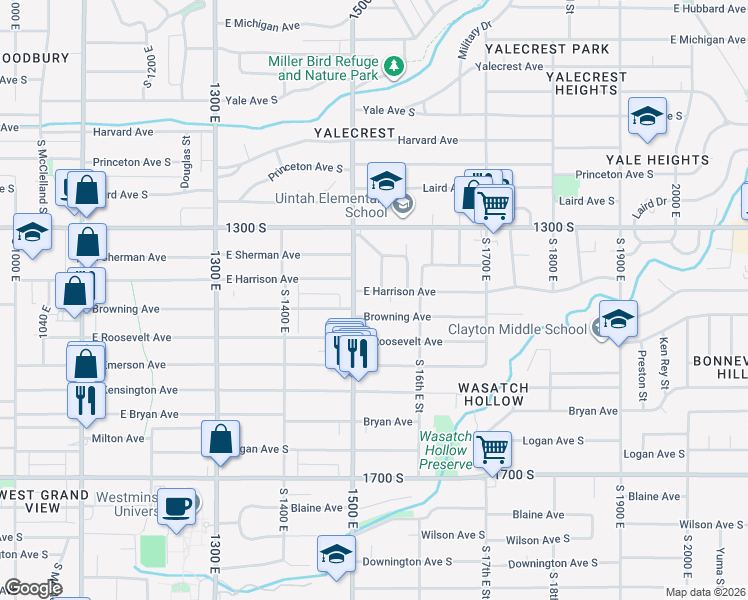 map of restaurants, bars, coffee shops, grocery stores, and more near 1375 South 1500 East in Salt Lake City