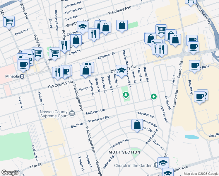 map of restaurants, bars, coffee shops, grocery stores, and more near 209 Wetherill Road in Garden City