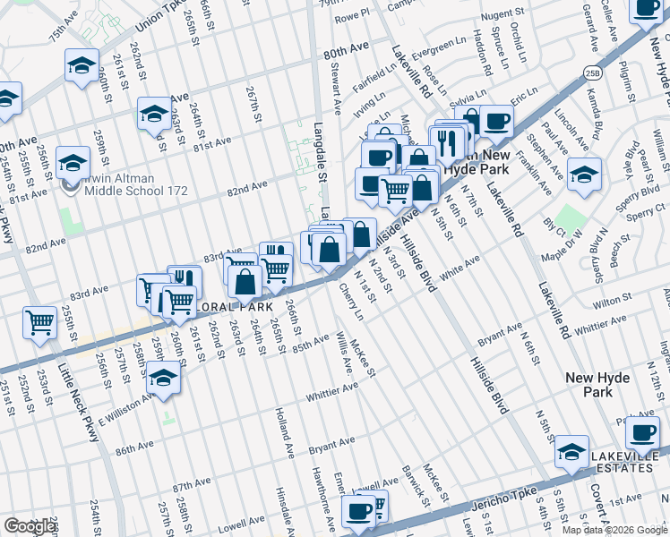 map of restaurants, bars, coffee shops, grocery stores, and more near 83-28 Langdale Street in Queens