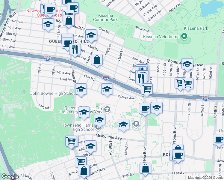 map of restaurants, bars, coffee shops, grocery stores, and more near 150-04 61st Road in Queens