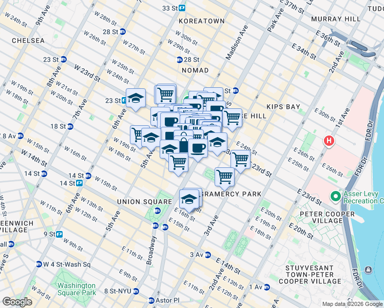 map of restaurants, bars, coffee shops, grocery stores, and more near 49 East 21st Street in New York
