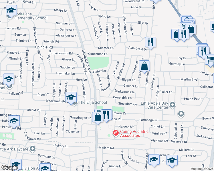 map of restaurants, bars, coffee shops, grocery stores, and more near 53 Coppersmith Road in Levittown