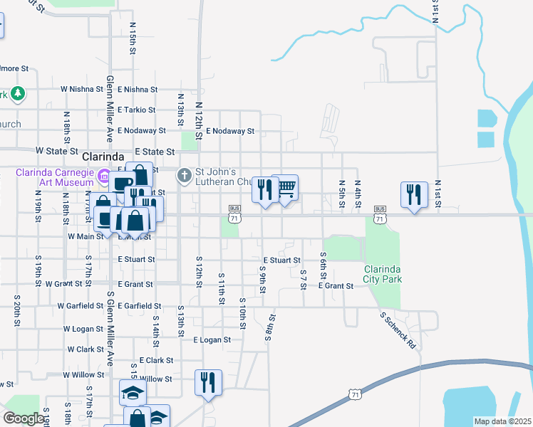 map of restaurants, bars, coffee shops, grocery stores, and more near 899 East Chestnut Street in Clarinda