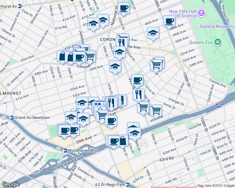 map of restaurants, bars, coffee shops, grocery stores, and more near 53-24 98th Street in Queens