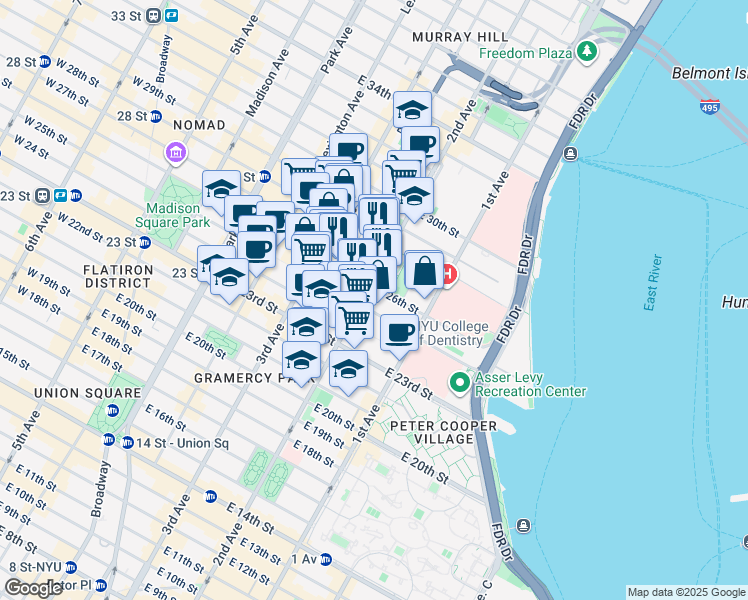 map of restaurants, bars, coffee shops, grocery stores, and more near 123 5th Avenue in New York