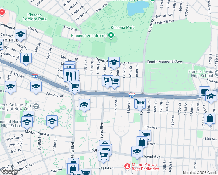 map of restaurants, bars, coffee shops, grocery stores, and more near 59-42 159th Street in Queens