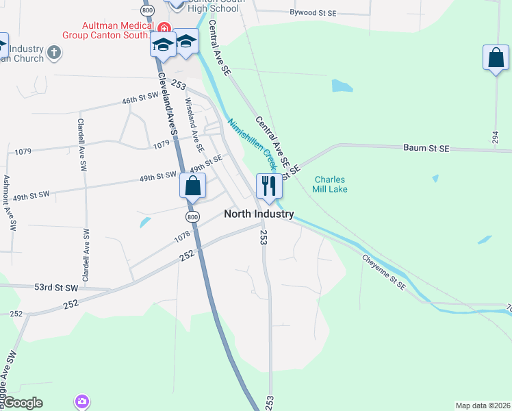 map of restaurants, bars, coffee shops, grocery stores, and more near 5117 Ridge Avenue Southeast in Canton