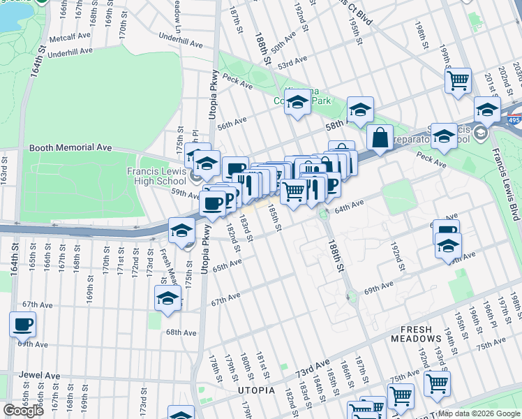 map of restaurants, bars, coffee shops, grocery stores, and more near 184-22 Horace Harding Expressway in Queens