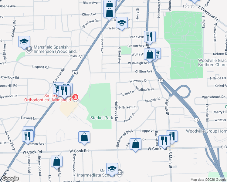 map of restaurants, bars, coffee shops, grocery stores, and more near 673-695 Hollywood Lane in Mansfield