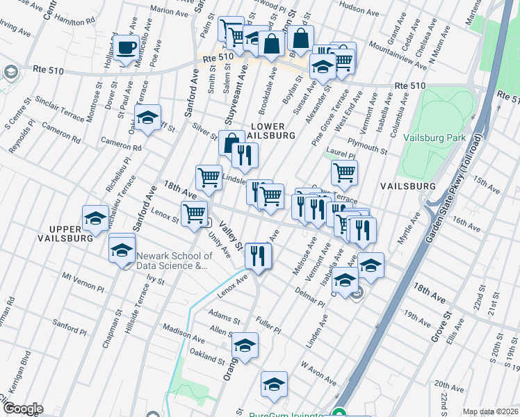 map of restaurants, bars, coffee shops, grocery stores, and more near 195 Alexander Street in Newark