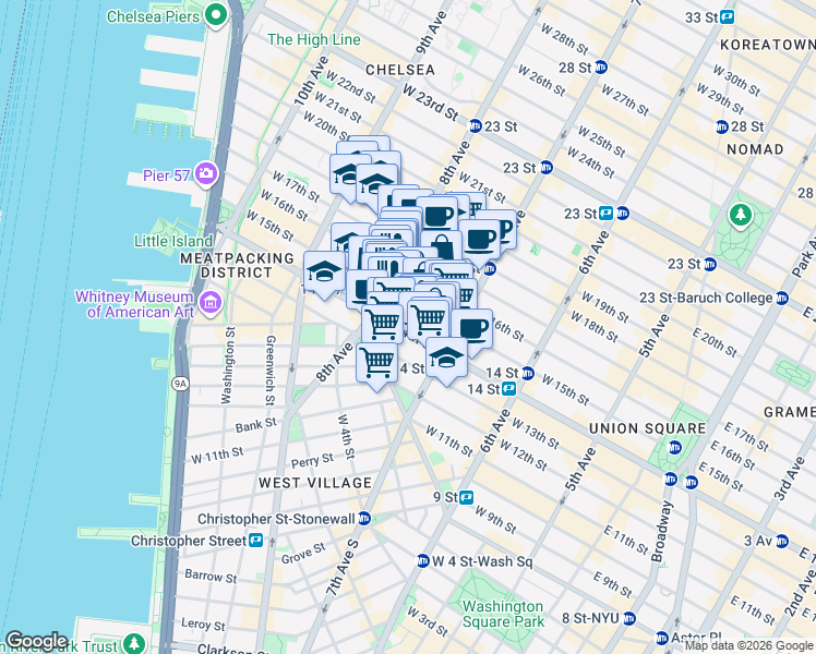 map of restaurants, bars, coffee shops, grocery stores, and more near 228 West 15th Street in New York