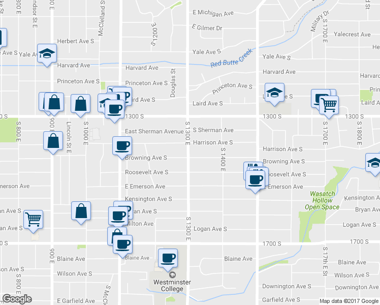 map of restaurants, bars, coffee shops, grocery stores, and more near 1397 South 1300 East in Salt Lake City