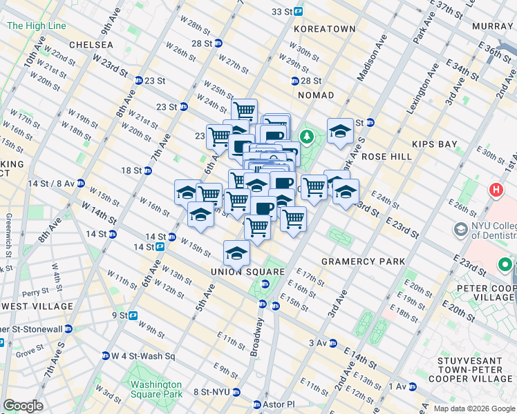 map of restaurants, bars, coffee shops, grocery stores, and more near 125 5th Avenue in New York