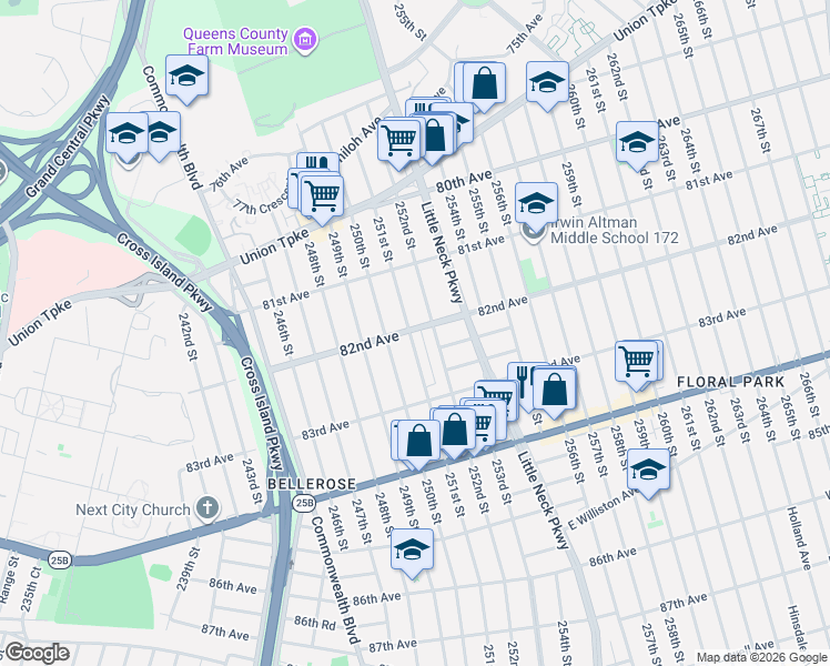 map of restaurants, bars, coffee shops, grocery stores, and more near 82-01 251st Street in Queens