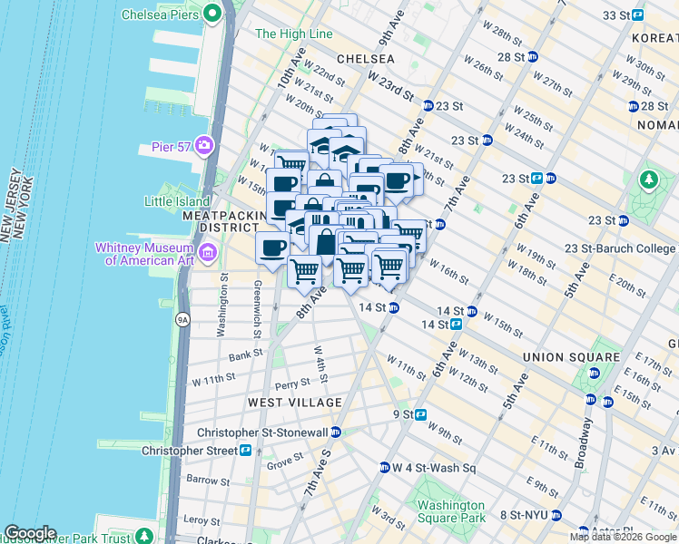 map of restaurants, bars, coffee shops, grocery stores, and more near 122 Greenwich Avenue in New York
