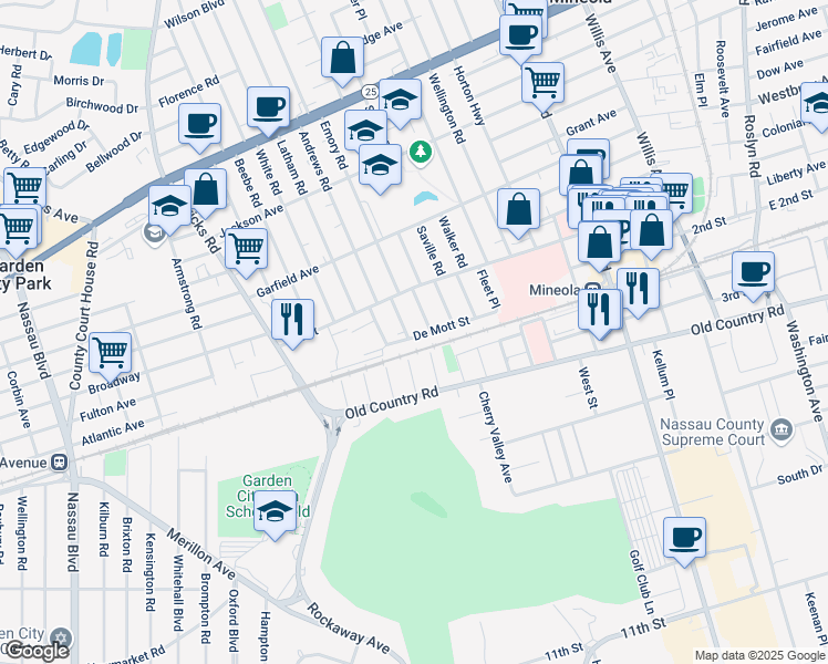 map of restaurants, bars, coffee shops, grocery stores, and more near 100 Krug Place in Mineola