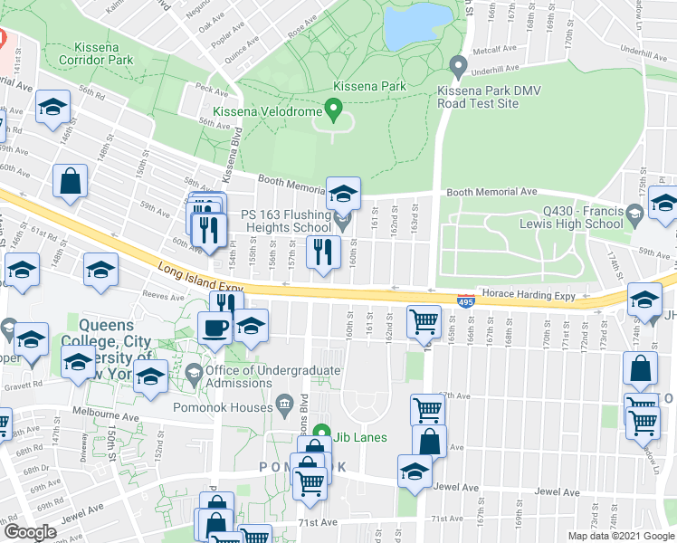 map of restaurants, bars, coffee shops, grocery stores, and more near 59-17 159th Street in Queens