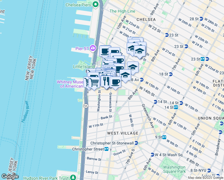 map of restaurants, bars, coffee shops, grocery stores, and more near 1605 Greenwich Street in New York