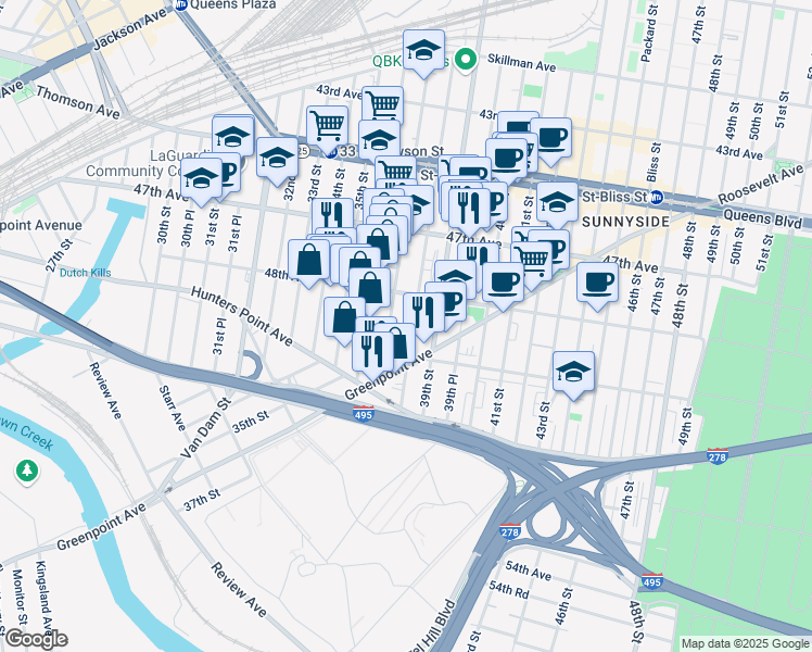 map of restaurants, bars, coffee shops, grocery stores, and more near 48-12A 37th Street in Queens
