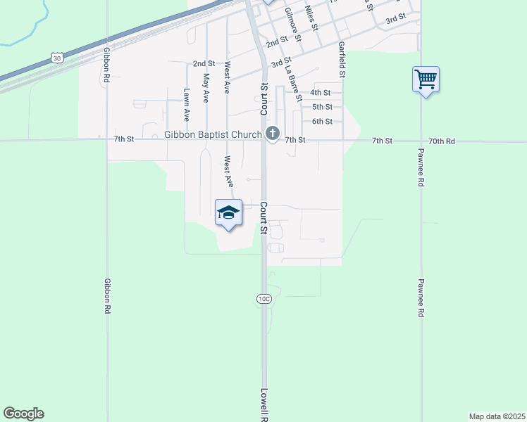 map of restaurants, bars, coffee shops, grocery stores, and more near 1030 Court Street in Gibbon