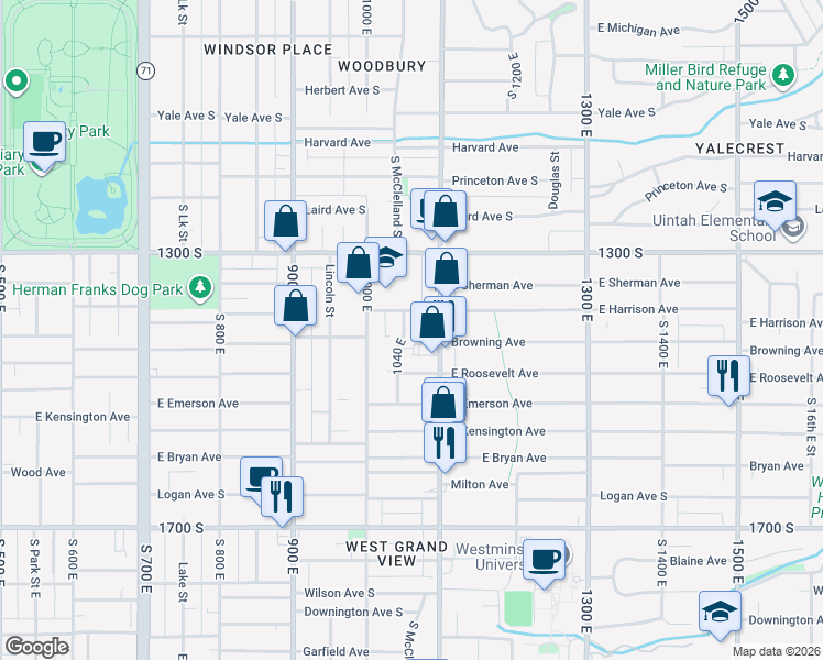 map of restaurants, bars, coffee shops, grocery stores, and more near 1050 Harrison Avenue South in Salt Lake City