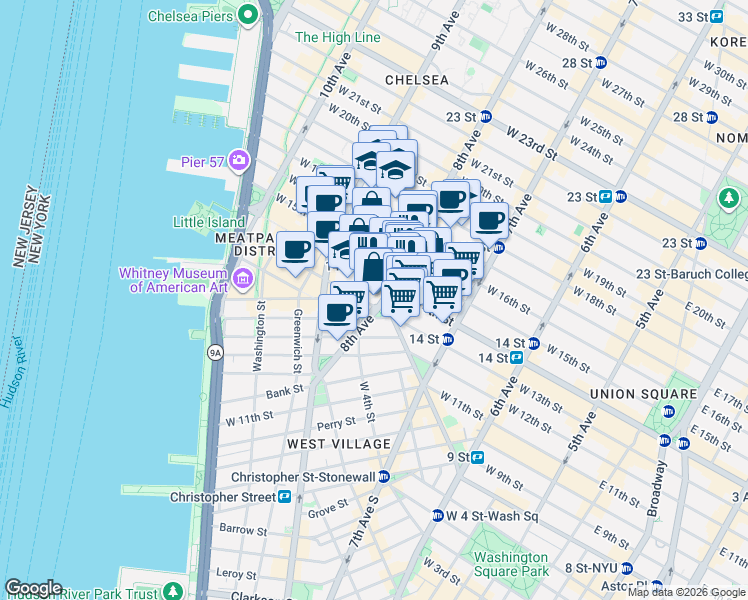 map of restaurants, bars, coffee shops, grocery stores, and more near in New York