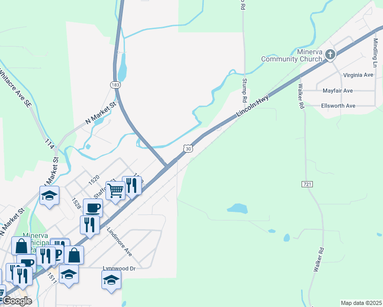 map of restaurants, bars, coffee shops, grocery stores, and more near 22133 U.S. 30 in Minerva