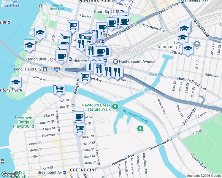 map of restaurants, bars, coffee shops, grocery stores, and more near 2301 Borden Avenue in Queens