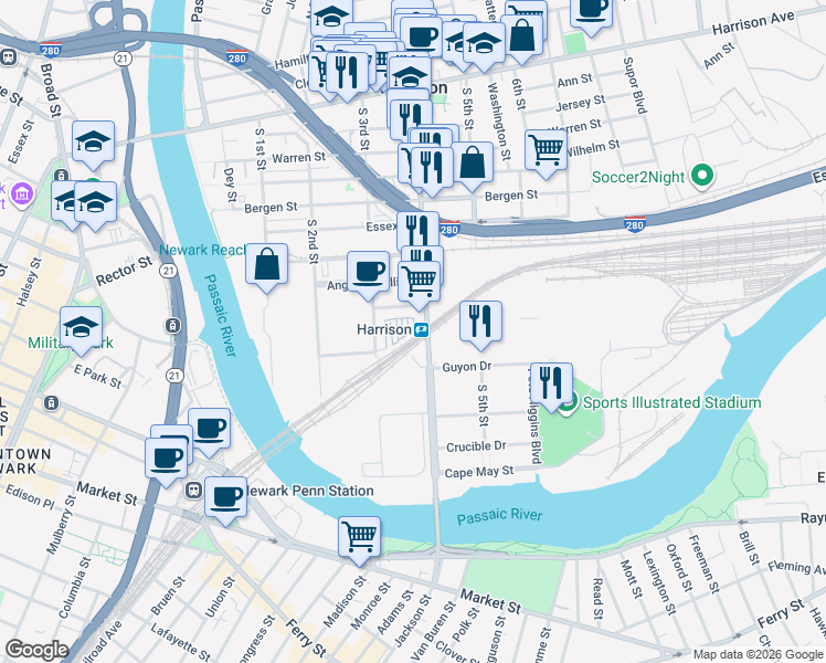 map of restaurants, bars, coffee shops, grocery stores, and more near in Harrison