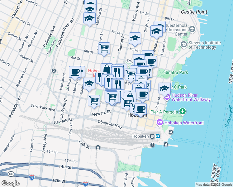 map of restaurants, bars, coffee shops, grocery stores, and more near Willow Avenue & 2nd Street in Hoboken
