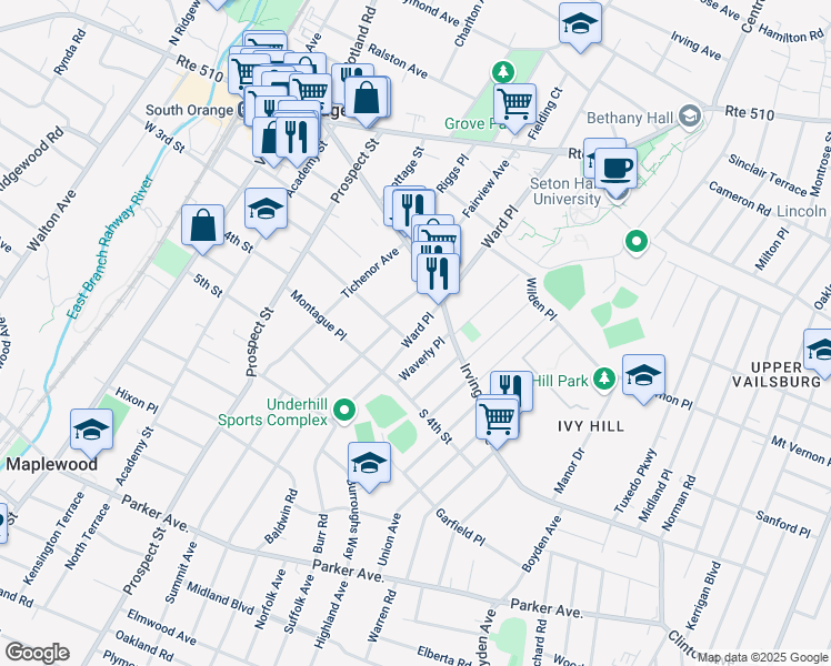 map of restaurants, bars, coffee shops, grocery stores, and more near 198 West Fairview Avenue in South Orange