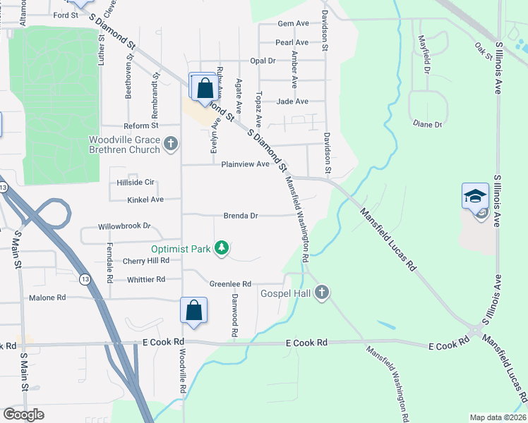 map of restaurants, bars, coffee shops, grocery stores, and more near 437 Brenda Drive in Mansfield