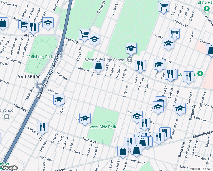 map of restaurants, bars, coffee shops, grocery stores, and more near 483 South 16th Street in Newark