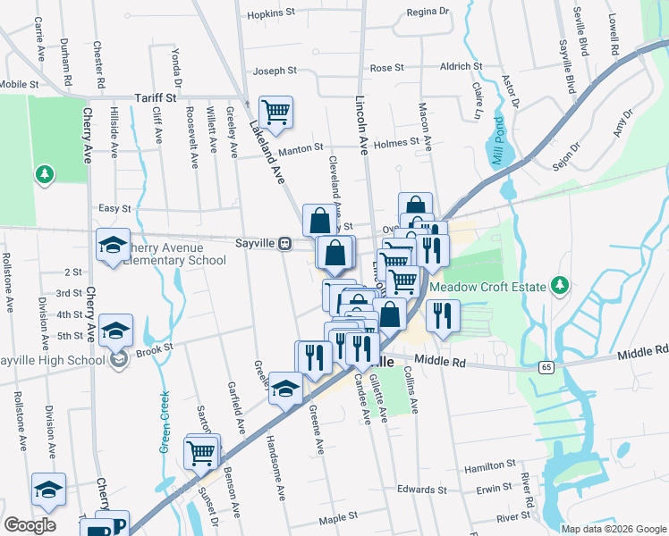 map of restaurants, bars, coffee shops, grocery stores, and more near 27 Hiddink Street in Sayville