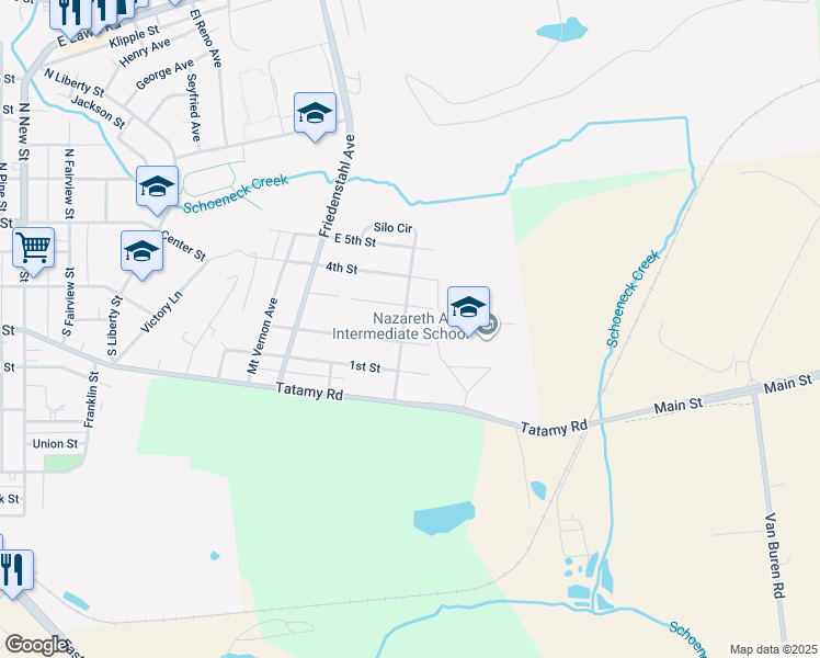 map of restaurants, bars, coffee shops, grocery stores, and more near 297 Farmview Road in Nazareth