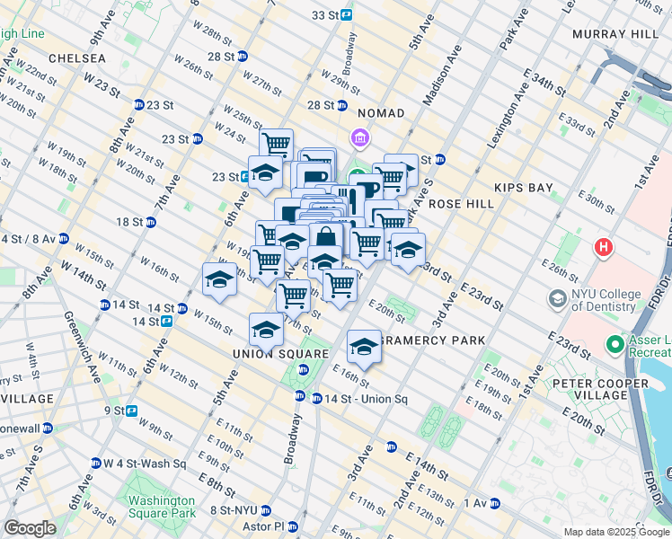 map of restaurants, bars, coffee shops, grocery stores, and more near 24 East 21st Street in New York