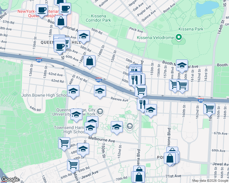 map of restaurants, bars, coffee shops, grocery stores, and more near 150-43 Horace Harding Expressway in Queens